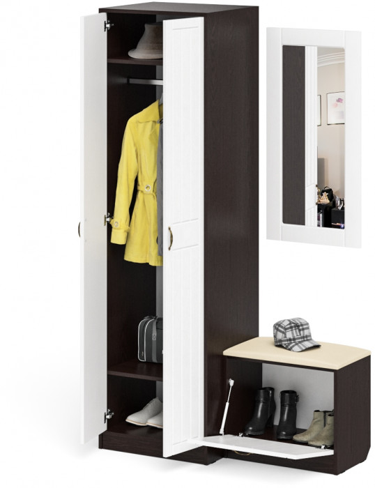 Прихожая П-6 Компоновка № 11, венге/фасады МДФ белое дерево фрезеровка прованс