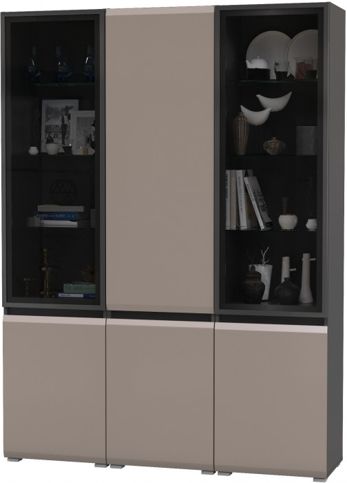 Сидней 13.201 Шкаф-витрина 2 штуки + Шкаф 13.200, корпус: антрацит/фасады: МДФ веллюто капучино/стекло