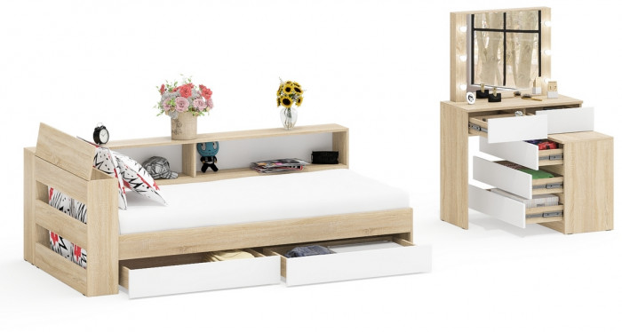 Ксения Кровать с ящиками 0900 + прикроватный блок + Столик с подсветкой 110, дуб сонома/белый