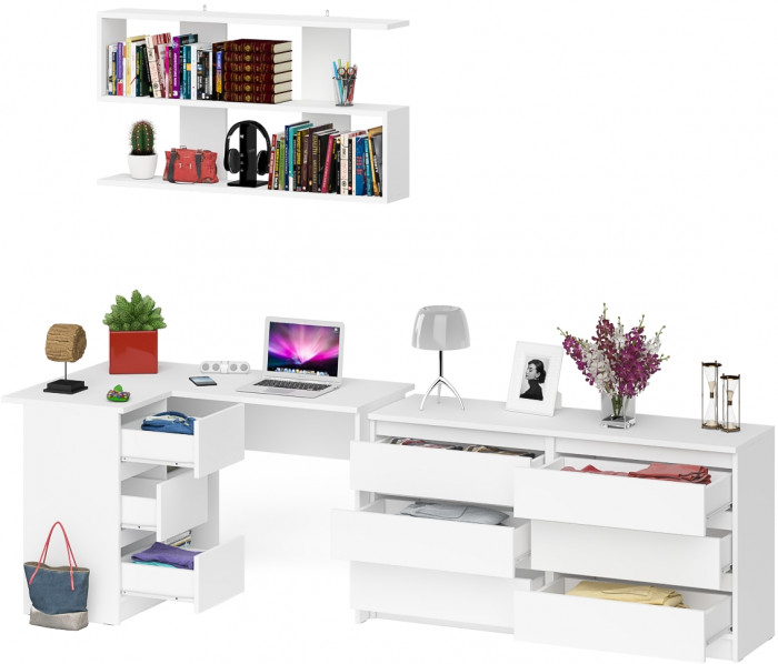 Мори компьютерный стол МС-16 левый + Комод МК1380.6 + Полка 1200, белый