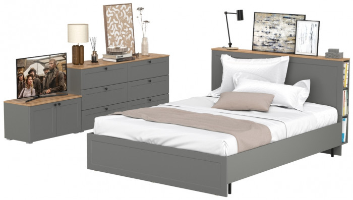 Остин 11.53 Кровать + ортопед + 16.240 Комод + 13.257 Тумба, серый графит/дуб крафт золотой