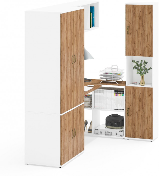 Лидер-8 Шкаф МД 19Б + Стол + Полка + Пенал, цвет белый шагрень/крафт золото, ШхГхВ 285х50/30х75/190 или 195х120х75/190 см., НЕ ун.сб.