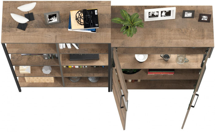 Трувор 13.151.02 Стеллаж + 13.306 Комод с витриной, цвет дуб гранж песочный/интра, ШхГхВ 175,8х37х146 см., универсальная сборка