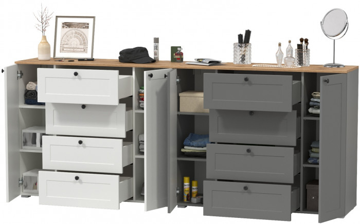 Остин 16.221 Комод + 16.221 Комод, белый шагрень/серый графит/дуб крафт золотой