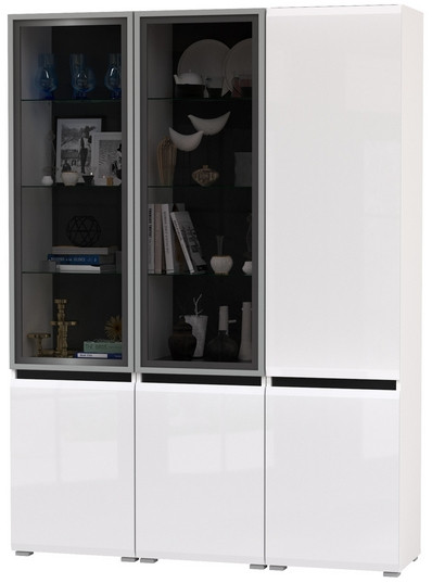 Сидней 13.201 Шкаф-витрина 2 штуки + Шкаф 13.200, корпус: белый/чёрный/фасады: МДФ белый глянец/стекло