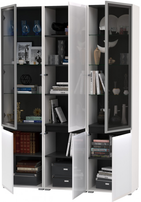 Сидней 13.201 Шкаф-витрина 2 штуки + Шкаф 13.200, корпус: белый/чёрный/фасады: МДФ белый глянец/стекло