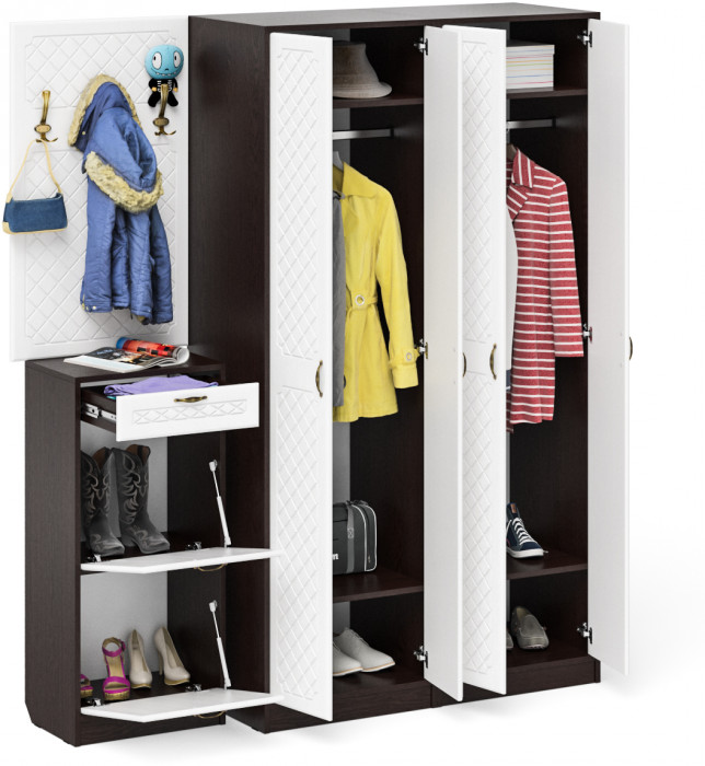 Прихожая П-6 Компоновка № 15, цвет венге/фасады МДФ белое дерево фрезеровка ромб, ШхГхВ 180х50х210 см., универсальная сборка