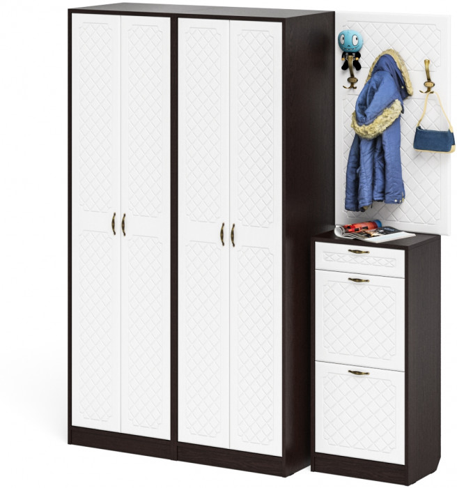 Прихожая П-6 Компоновка № 15, цвет венге/фасады МДФ белое дерево фрезеровка ромб, ШхГхВ 180х50х210 см., универсальная сборка