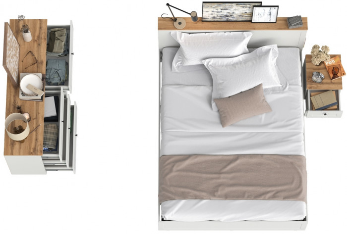 Остин 11.53 Кровать + ортопед + 16.240 Комод + 16.152 Тумба прикроватная, белый шагрень/дуб крафт золотой