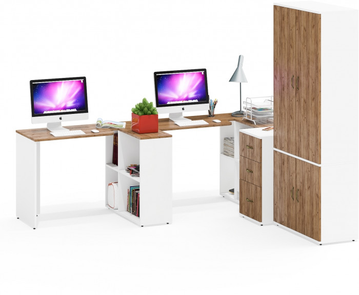 Лидер-8 Стол + Стол + Шкаф МД 20Б + Тумба МД 3.16, цвет белый шагрень/крафт золото, ШхГхВ 450х50/37,5х75/190 или 230х200/50х75/190 см., НЕ ун. сб.