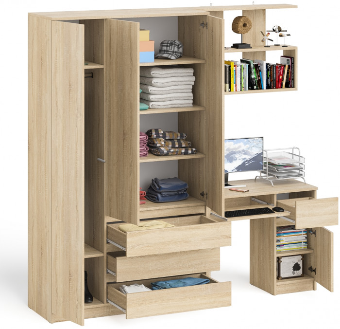 Мори Стол компьютерный МС-1 правый + Шкаф МШ1200.1 + Полка 900, цвет дуб сонома, ШхГхВ 210,4х50,4х209,6 см., НЕ универсальная сборка