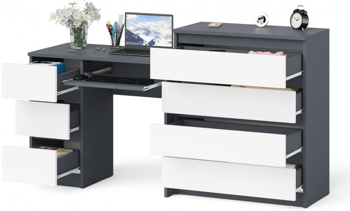 Мори компьютерный стол МС-6 левый + Комод МК800.4, графит/белый