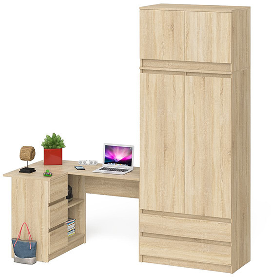 Мори Стол компьютерный МС-16 левый + Шкаф МШ900.1 + Антресоль МА900.1, цвет дуб сонома, ШхГхВ 214,8х84,9х234,2 см., выдвиж. ящики слева, НЕ ун. сб.