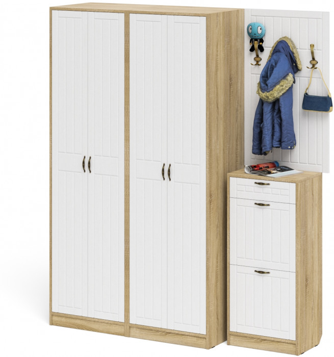 Прихожая П-6 Компоновка № 15, цвет дуб сонома/фасады МДФ белое дерево фрезеровка прованс, ШхГхВ 180х50х210 см., универсальная сборка