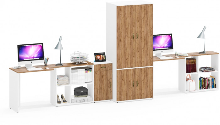 Лидер-8 Стол + Стол + Шкаф МД 19Б + Тумба МД 3.15, белый шагрень/крафт золото