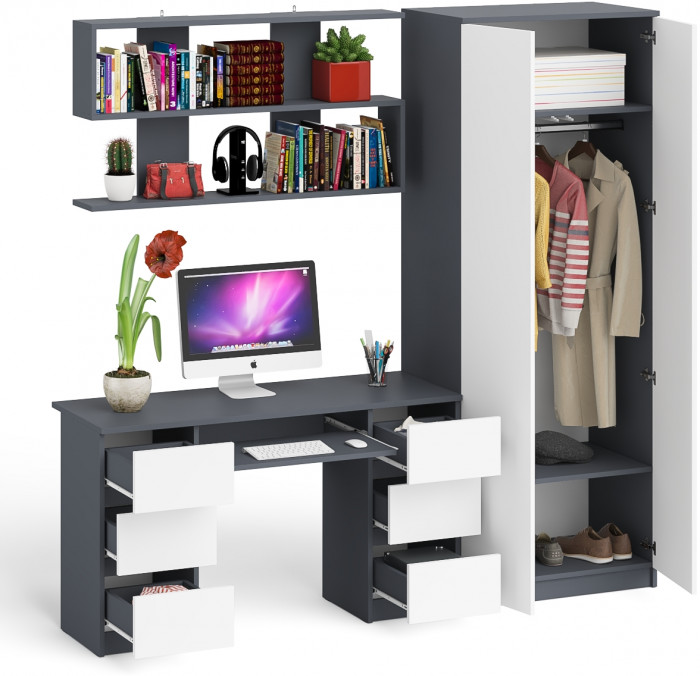 Мори компьютерный стол МС-2 + Шкаф МШ800.1 + Полка 1200, графит/белый