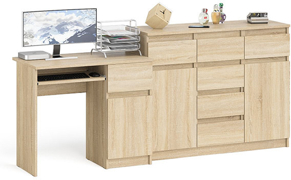 Мори Стол компьютерный МС-1 правый + Комод МК1200.4, цвет дуб сонома, ШхГхВ 210,4х50х94 см., выдвижной ящик справа, НЕ универсальная сборка