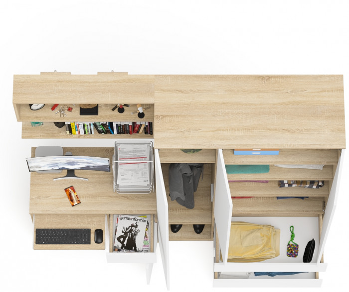 Мори Стол компьютерный МС-1 правый + Шкаф МШ1200.1 + Полка 900, цвет дуб сонома/белый, ШхГхВ 210,4х50,4х209,6 см., НЕ универсальная сборка