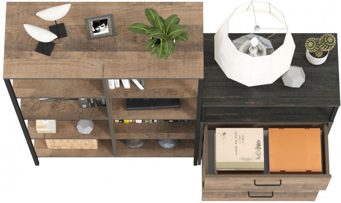 Трувор 13.151.02 Стеллаж + 13.307.02 Комод с ящиками, цвет дуб гранж песочный/интра, ШхГхВ 156х37х146 см., универсальная сборка