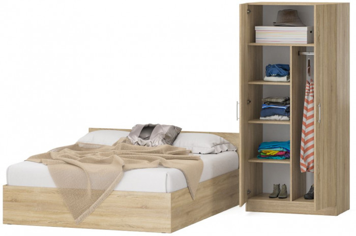 Кровать 1600 + Шкаф 2-х створчатый Стандарт, цвет дуб сонома, ШхГхВ 163,5х203,5х70 + 90х52х200 см., сп.м. 1600х2000 мм., без матраса, основание есть