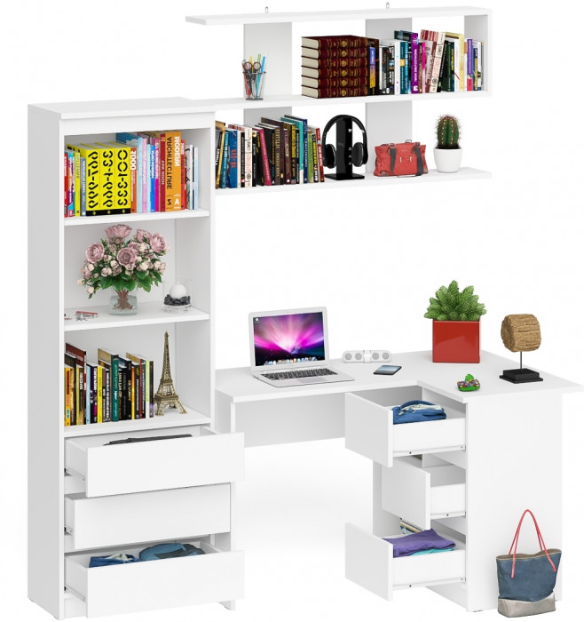 Мори компьютерный стол МС-16 правый + Стеллаж МСТ600.3 + Полка 1200, белый