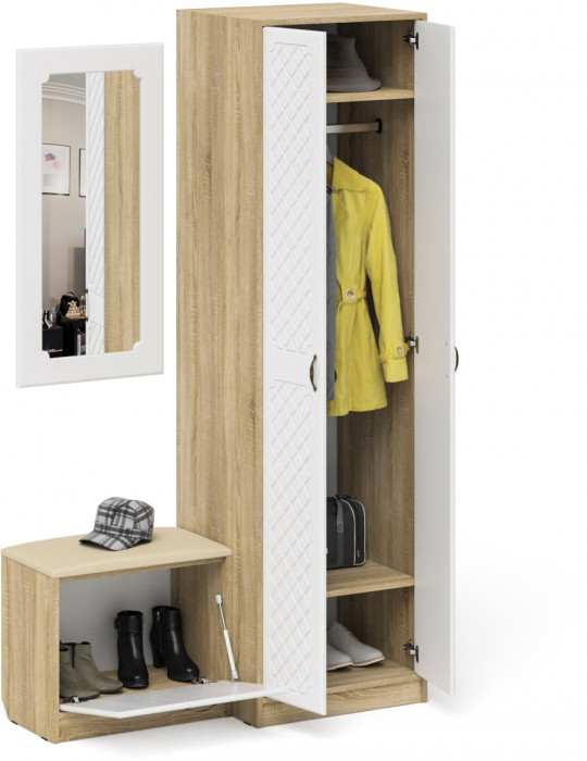 Прихожая П-6 Компоновка № 11, дуб сонома/фасады МДФ белое дерево фрезеровка ромб