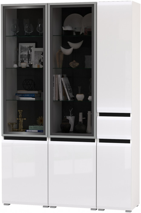 Сидней 13.201 Шкаф-витрина 2 штуки + Шкаф с ящиком 13.202, корпус: белый/чёрный/фасады: МДФ белый глянец/стекло