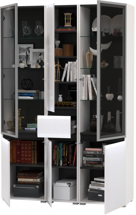 Сидней 13.201 Шкаф-витрина 2 штуки + Шкаф с ящиком 13.202, корпус: белый/чёрный/фасады: МДФ белый глянец/стекло