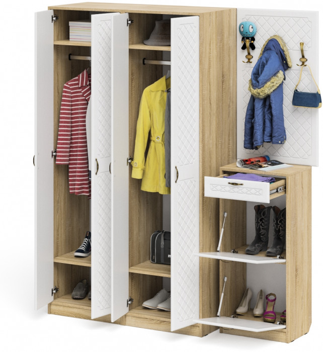 Прихожая П-6 Компоновка № 15, цвет дуб сонома/фасады МДФ белое дерево фрезеровка ромб, ШхГхВ 180х50х210 см., универсальная сборка