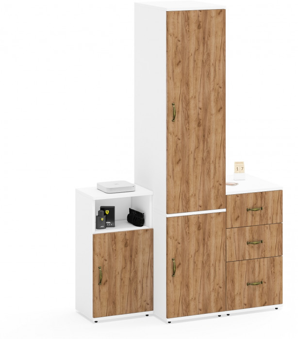 Лидер-8 Пенал МД 23Б + Тумба МД 3.16 + Тумба МД 3.19, белый шагрень/крафт золото