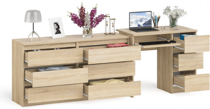 Мори компьютерный стол МС-6 правый + Комод МК1380.6, дуб сонома