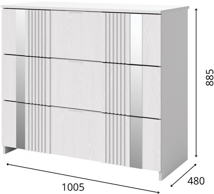 Комод 3 ящика "Харди" с зеркальными вставками - Белый текстурный/Ясень белый