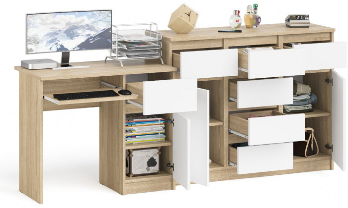Мори Стол компьютерный МС-1 правый + Комод МК1200.4, цвет дуб сонома/белый, ШхГхВ 210,4х50х94 см., выдвижной ящик справа, НЕ универсальная сборка