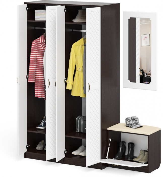 Прихожая П-6 Компоновка № 08, цвет венге/фасады МДФ белое дерево фрезеровка ромб, ШхГхВ 180х50х210 см., универсальная сборка