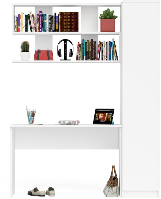 Мори Стол письменный МСП1200.1 + Пенал МШ400.1 + Полка 1200, цвет белый, ШхГхВ 160,8х50,4х209,6 см., универсальная сборка