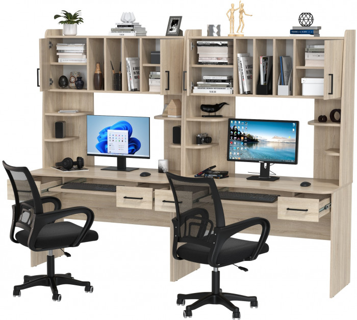 Два стола рабочих 6-0604 Бета + два кресла 103 чёрных, дуб сонома