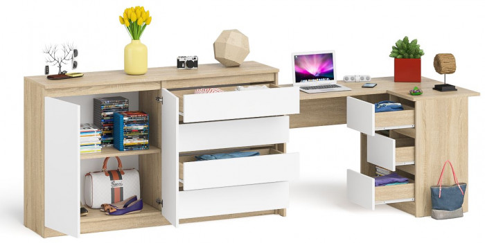 Мори компьютерный стол МС-16 правый + Комод МК1600.1, дуб сонома/белый