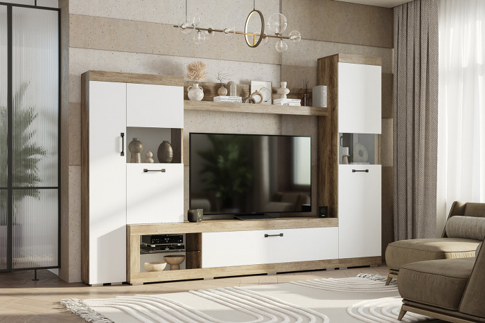 Стенка в гостиную Тесла ГС-01, дуб каньон/белый