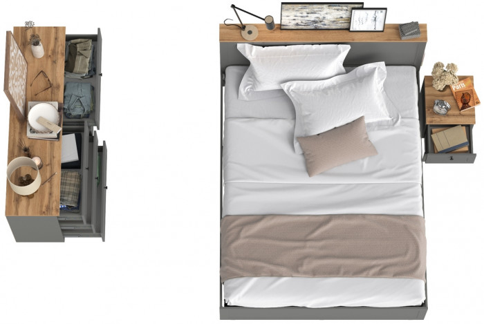 Остин 11.53 Кровать + ортопед + 16.240 Комод + 16.152 Тумба прикроватная, серый графит/дуб крафт золотой