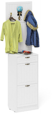 Прихожая П-6 Тумба для обуви 2 секции + Вешалка, цвет белая шагрень/фасады МДФ белое дерево фрезеровка прованс, ШхГхВ 50х35х210 см.