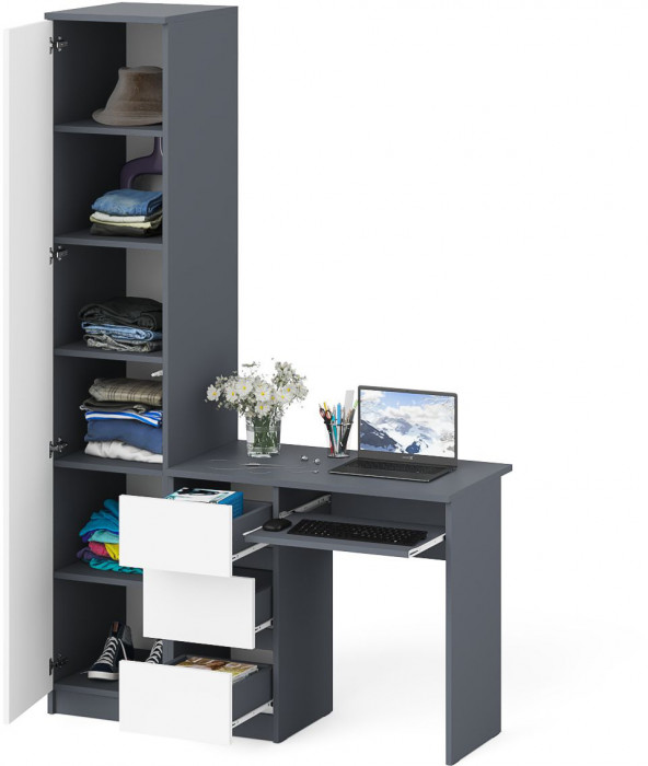 Мори компьютерный стол МС-6 левый + Пенал МШ400.1, графит/белый