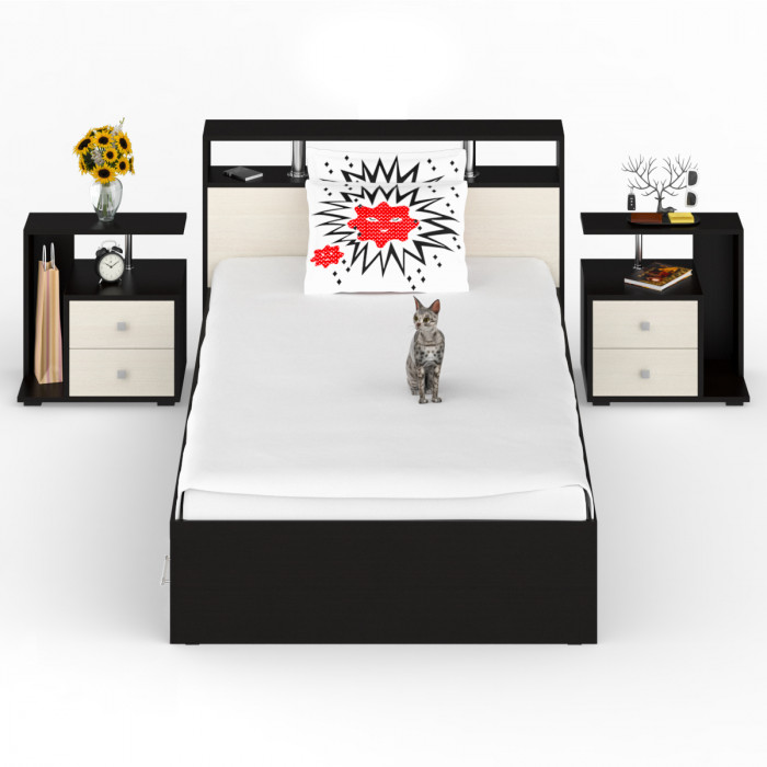 Камелия Кровать с ящиками 1200 + две тумбы, венге/дуб лоредо