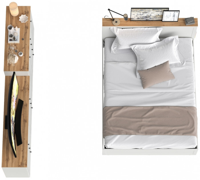 Остин 11.53 Кровать + ортопед + 16.240 Комод + 16.221 Комод, белый шагрень/дуб крафт золотой