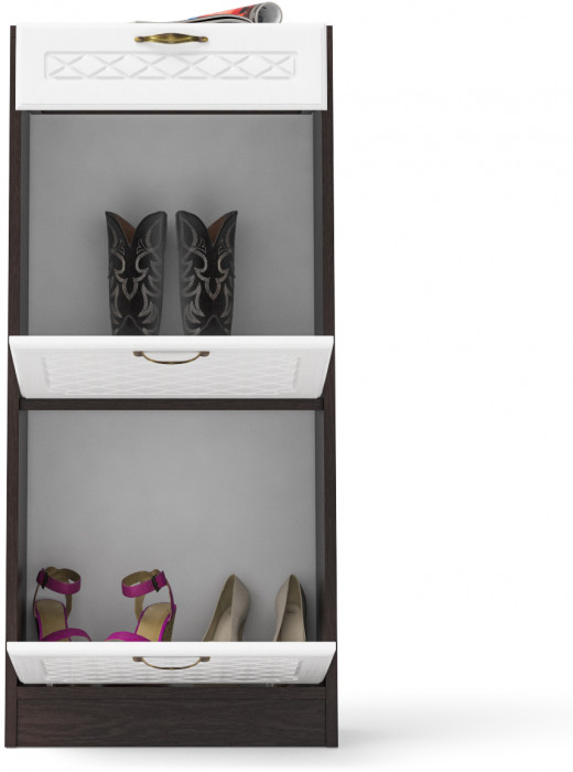 Прихожая П-6 Тумба для обуви 2 секции, венге/фасады МДФ белое дерево фрезеровка ромб