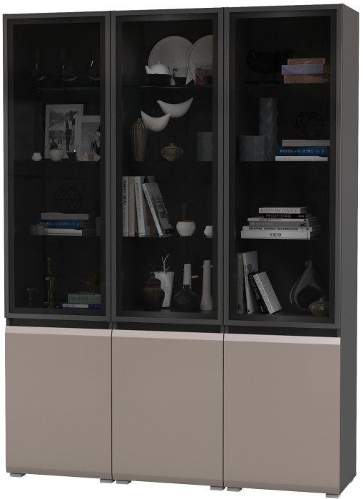 Сидней 13.201 Шкаф-витрина 3 штуки, корпус: антрацит/фасады: МДФ веллюто капучино/прозр. стекло с серой тонир.