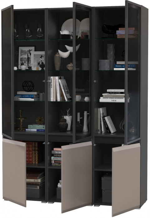 Сидней 13.201 Шкаф-витрина 3 штуки, корпус: антрацит/фасады: МДФ веллюто капучино/прозр. стекло с серой тонир.