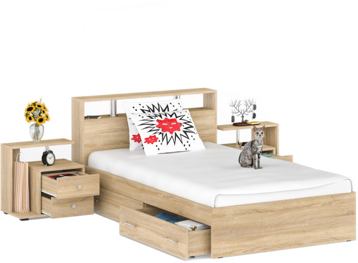 Камелия Кровать с ящиками 1200 + две тумбы, дуб сонома