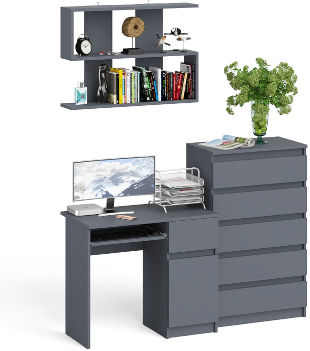 Мори компьютерный стол МС-1 правый + Комод МК700.5 + Полка 900, графит