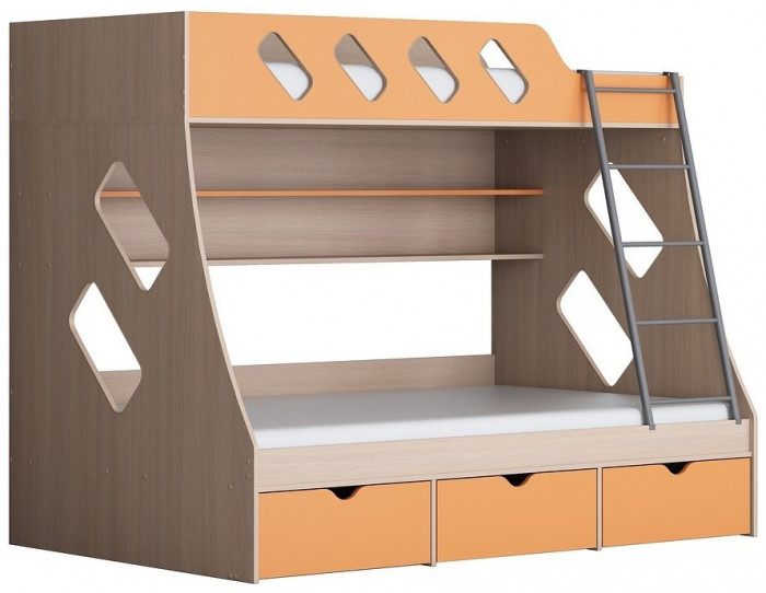 Дельта-20.01 Детская двухъярусная кровать с лестницей (Оранжевый, Дуб молочный)