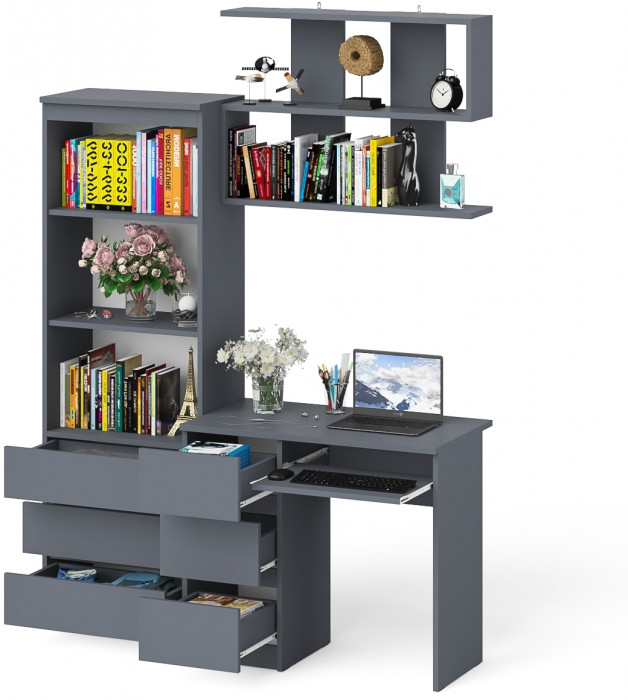 Мори компьютерный стол МС-6 левый + Стеллаж МСТ600.3 + Полка 900, графит